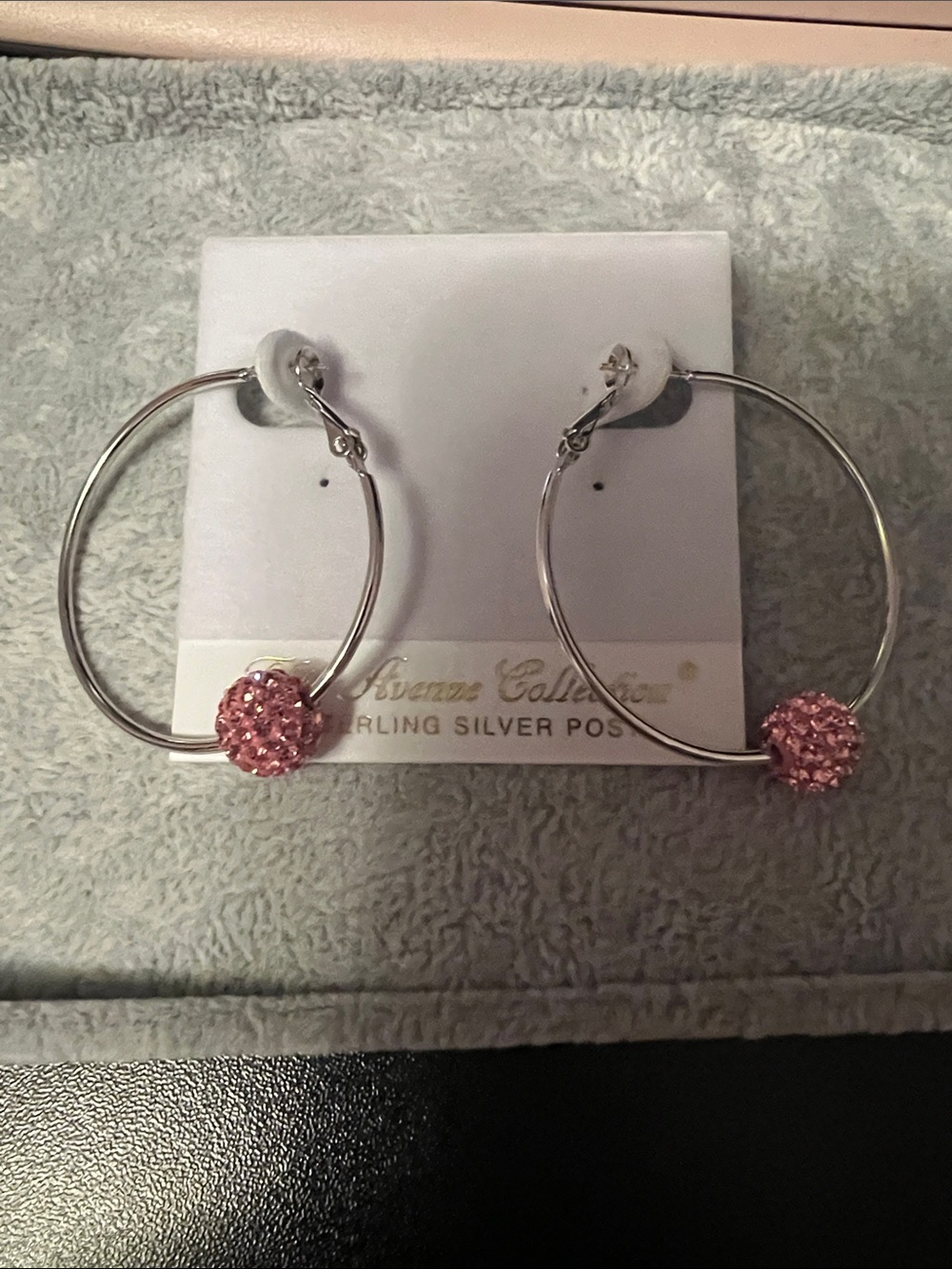 Sterling Silver Hoop Earrings with Pink Crystal Ball Accent